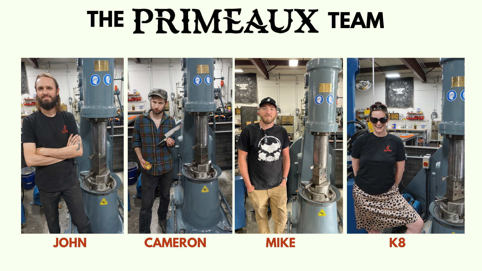 Primeaux Team Kate Cameron Mike John Phillips Chef Knife Damasteel Primeaux Goods Phillips Forged