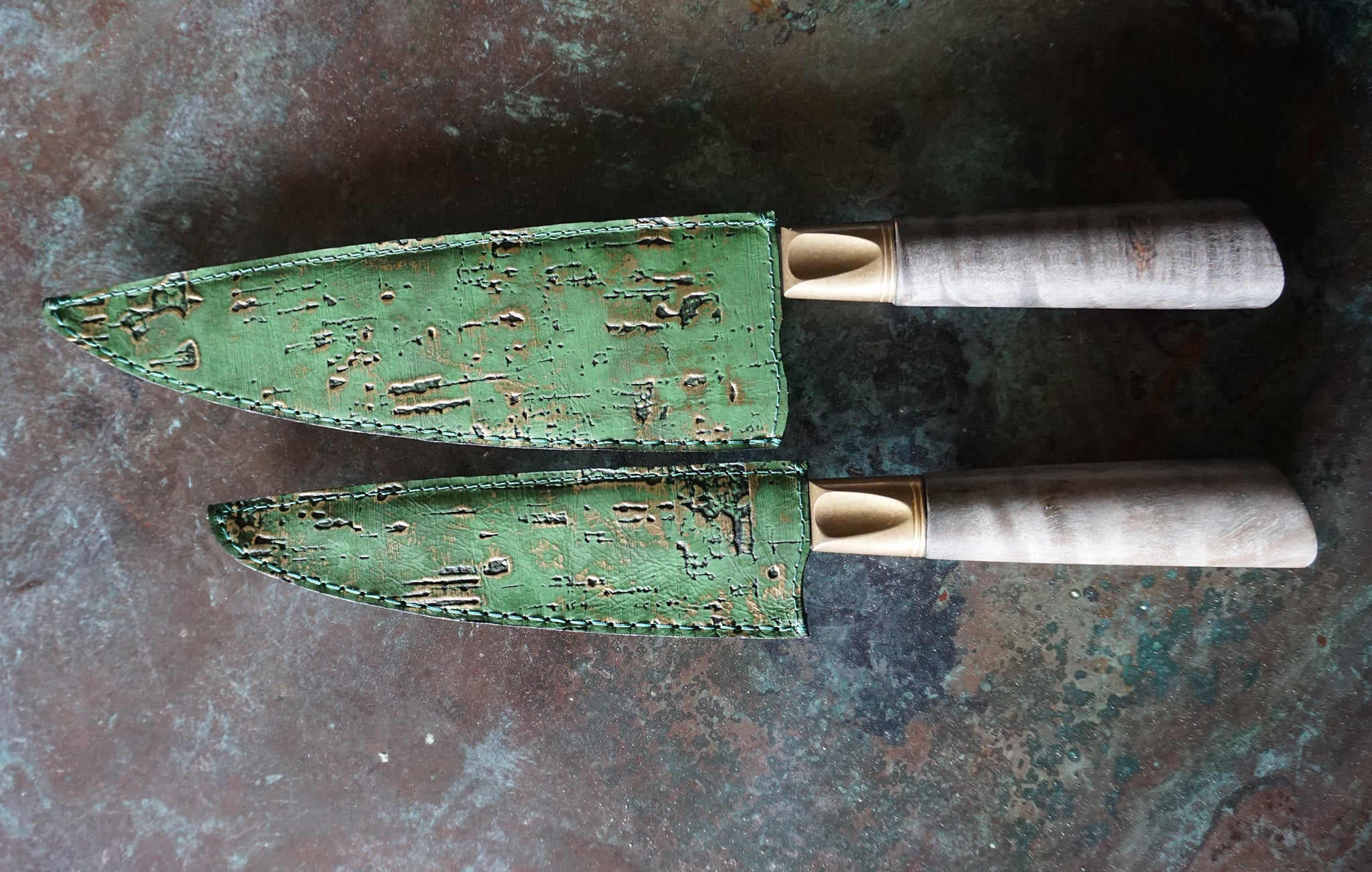distressed green and gold saya knife covering