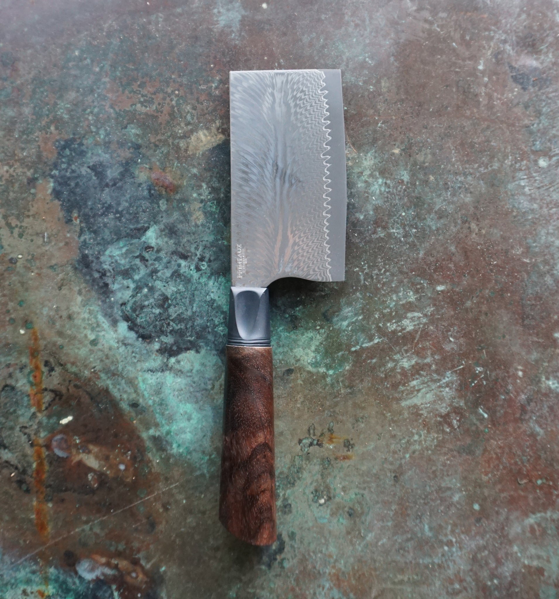 Damascus Mini-Cleaver with Claro Walnut (Feather)