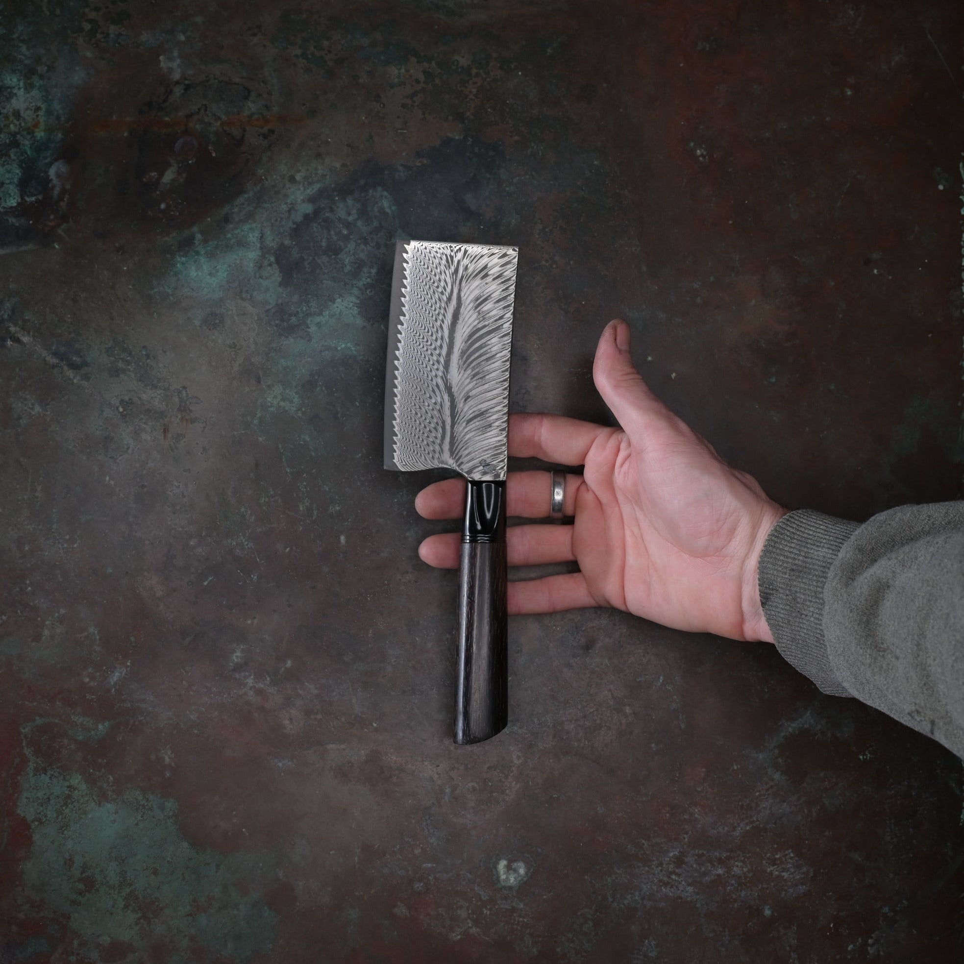 Feathered Damascus Mini-Cleaver in Black Palm