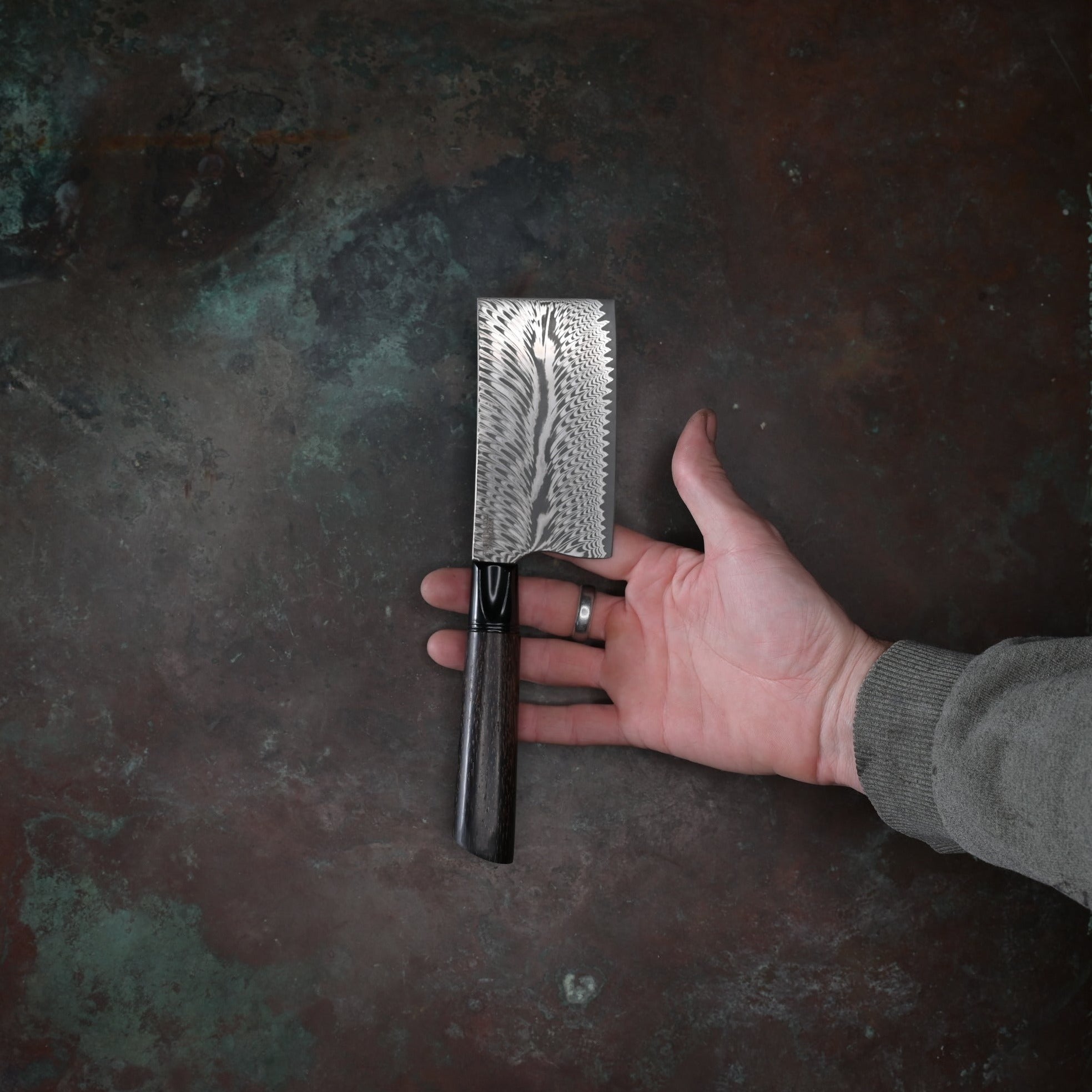 Feathered Damascus Mini-Cleaver in Black Palm