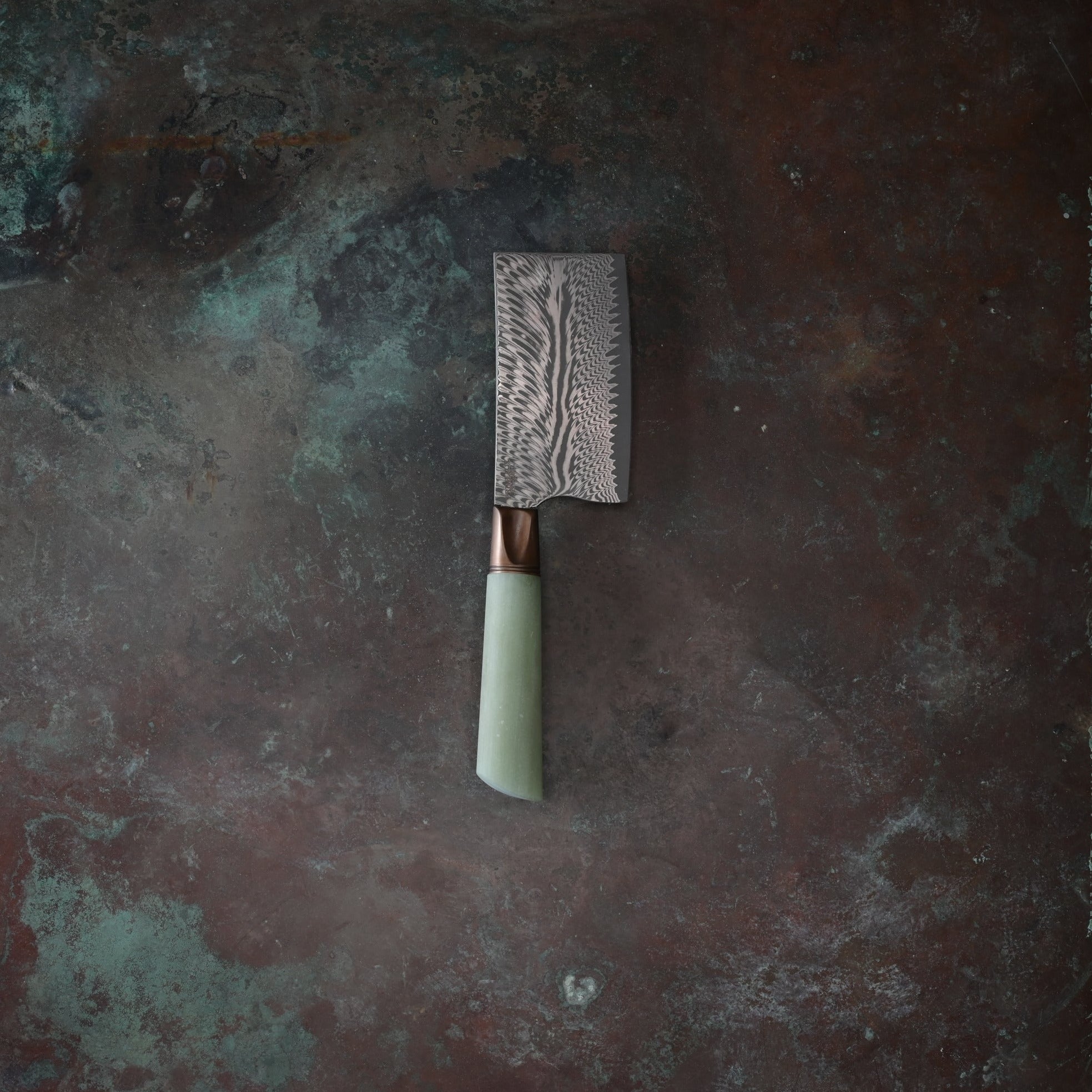 Feathered Damascus Mini-Cleaver in Jade
