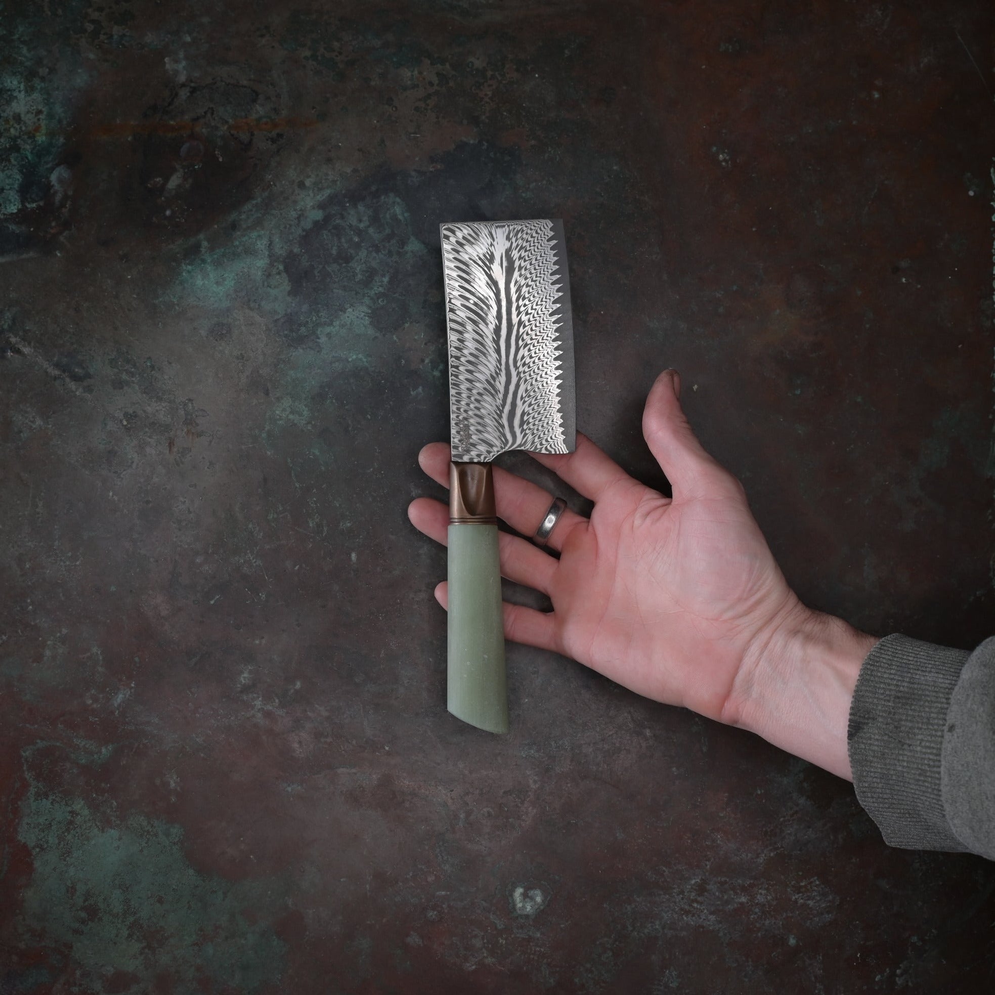 Feathered Damascus Mini-Cleaver in Jade