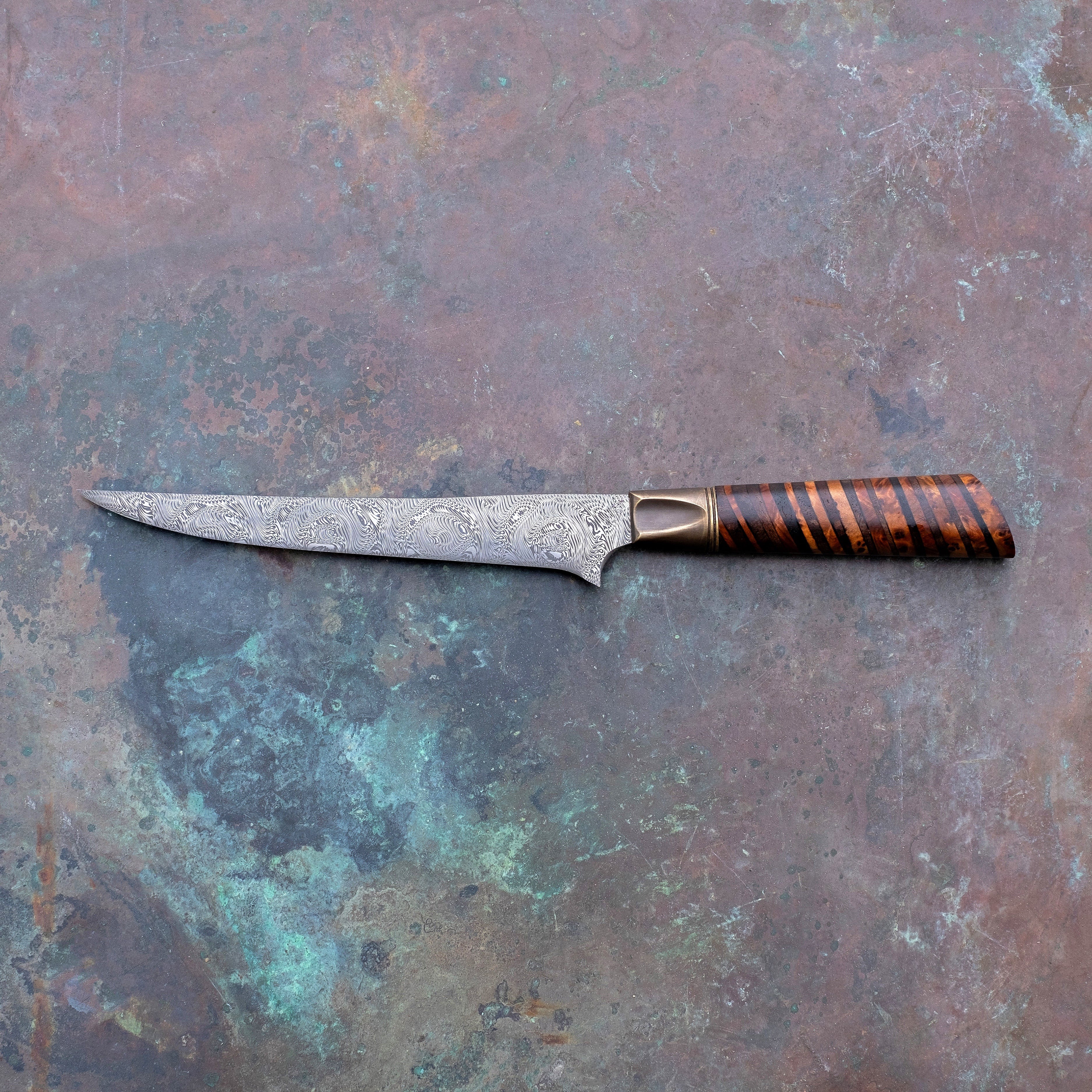 Boning & Fillet Knife in Grabak with Stacked Amboyna & Claro Walnut