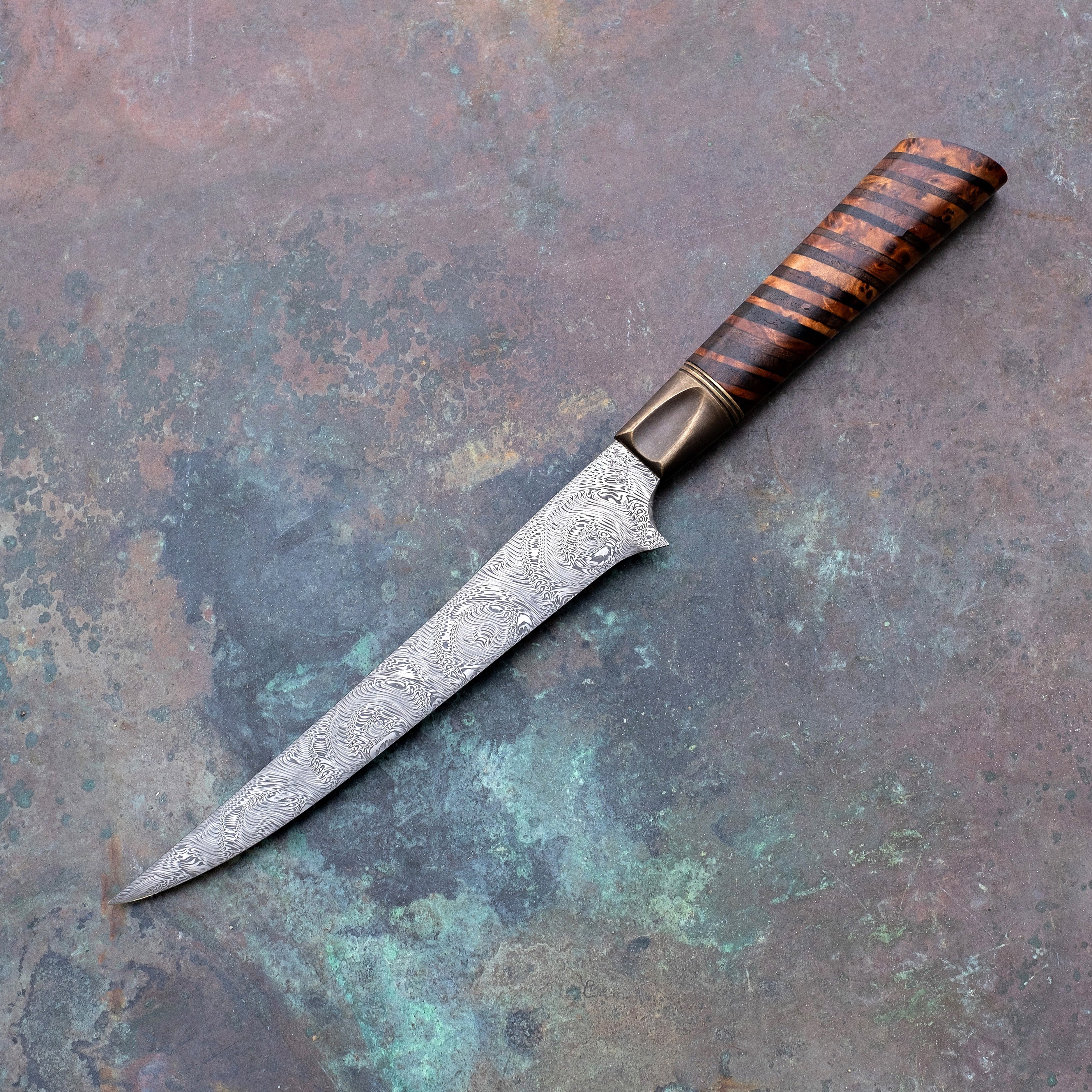 Boning & Fillet Knife in Grabak with Stacked Amboyna & Claro Walnut