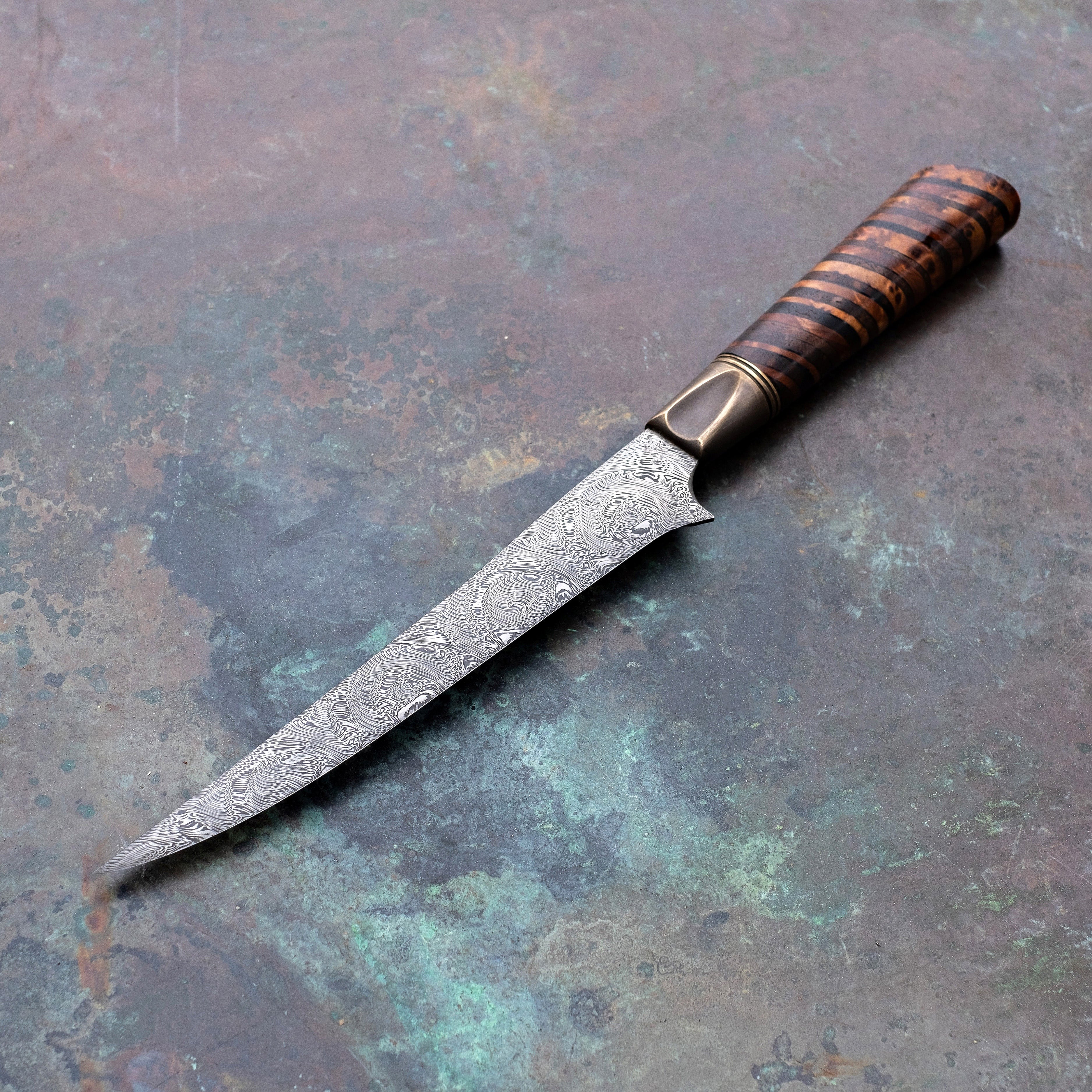 Boning & Fillet Knife in Grabak with Stacked Amboyna & Claro Walnut