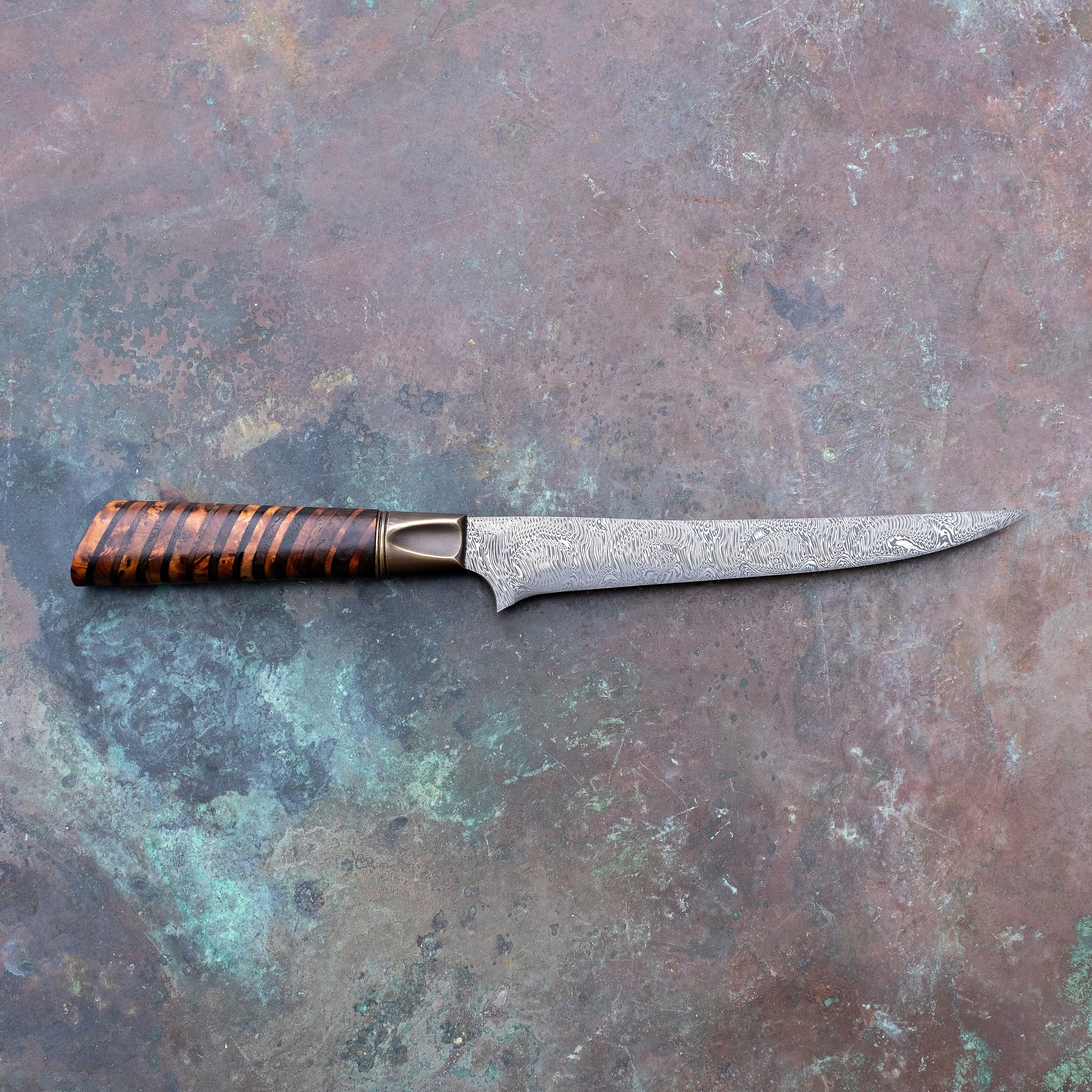 Boning & Fillet Knife in Grabak with Stacked Amboyna & Claro Walnut