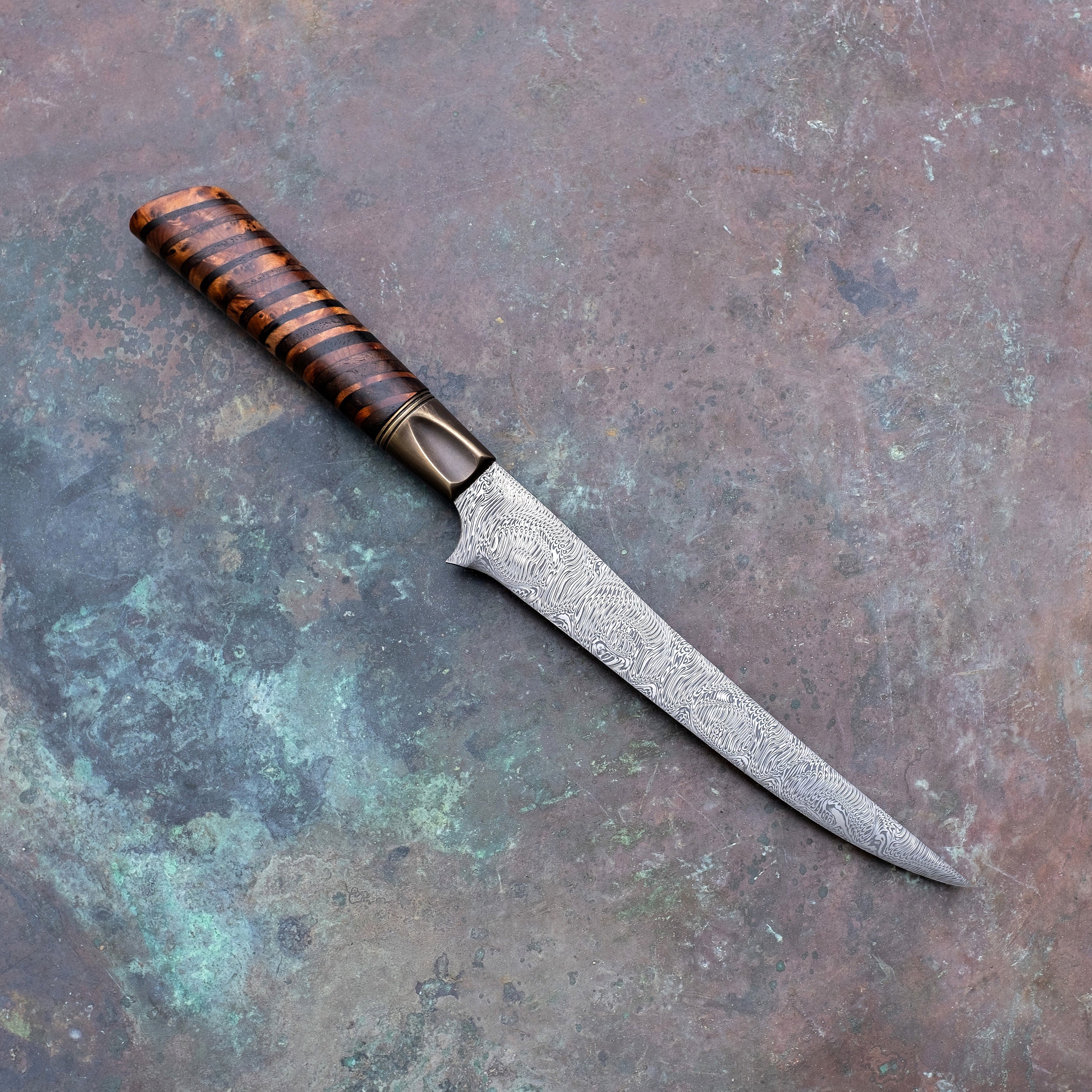 Boning & Fillet Knife in Grabak with Stacked Amboyna & Claro Walnut