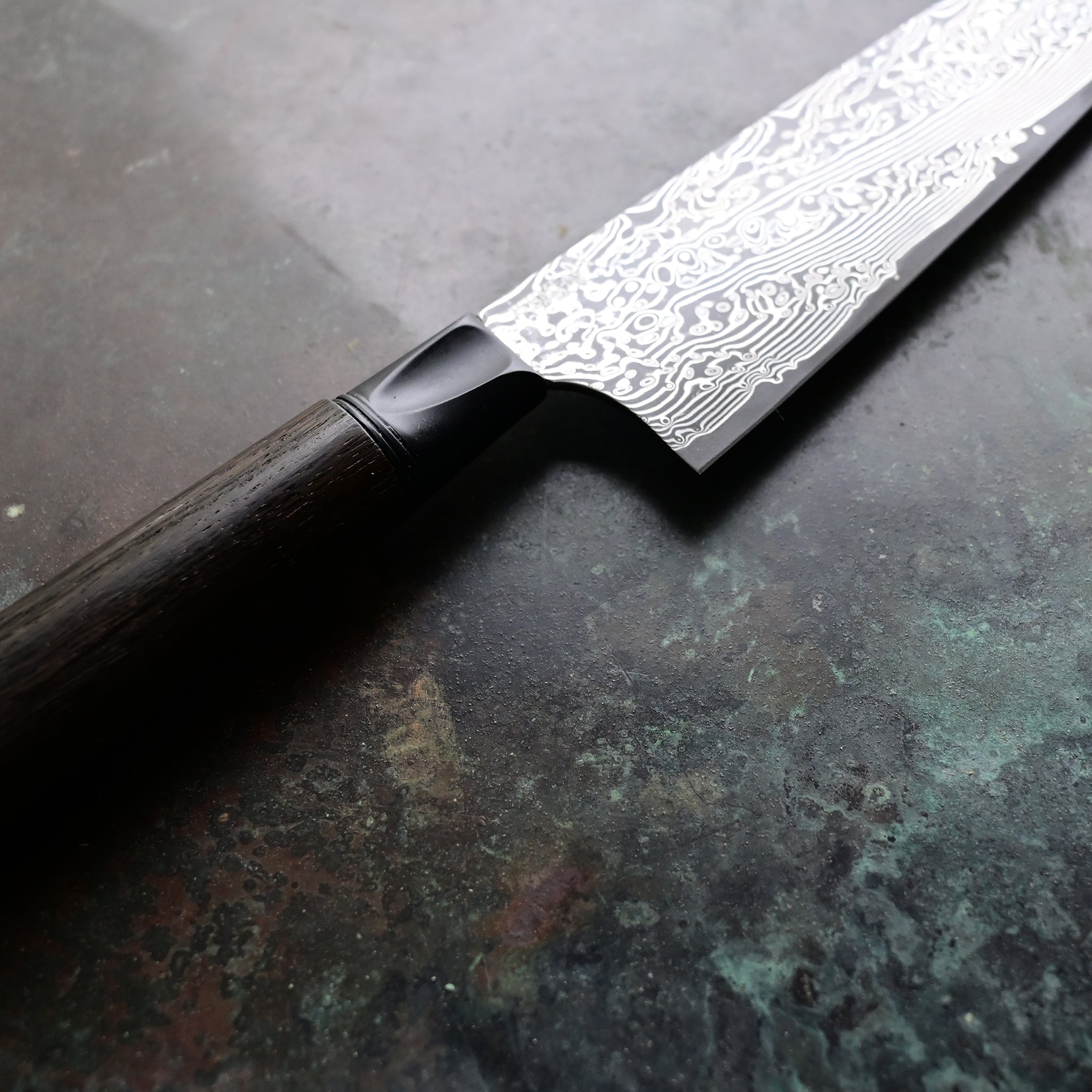 Ancient Bog Oak Wood Hand Forged Damascus Steel Santoku Knife