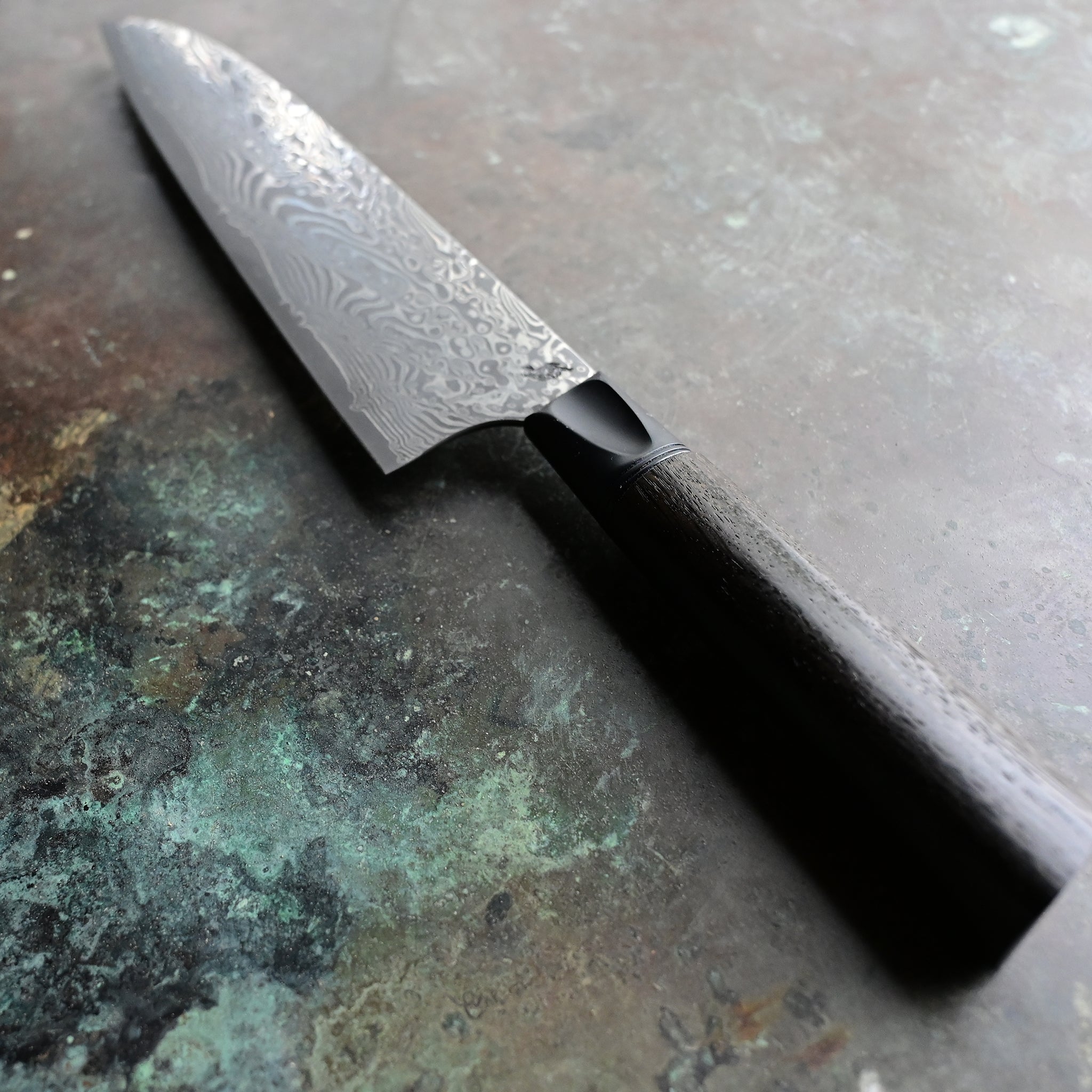 Ancient Bog Oak Wood Hand Forged Damascus Steel Santoku Knife