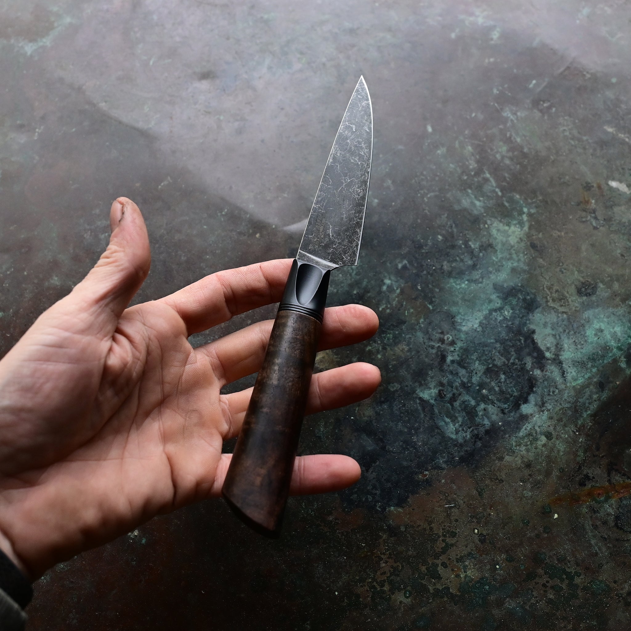 Paring knife with a deep, dark stone wash finish blade on a concrete backdrop, complemented by a black anodized bolster and a rich brown Claro walnut handle, featuring a thin, razor-sharp AEBL blade.